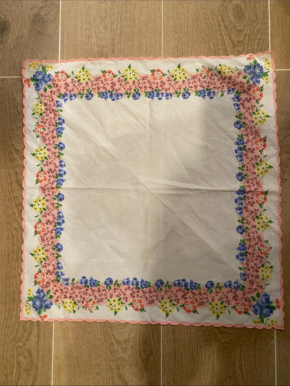 Vintage Floral Cotton Table Napkin - White with Pink Border and Blue Flowers